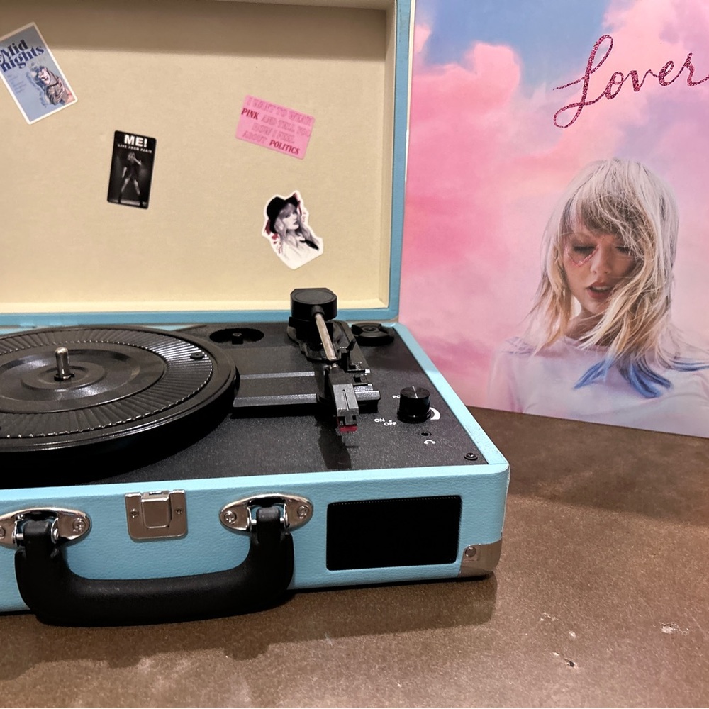 Portable Blue Record Player with Lover by Taylor Swift record.